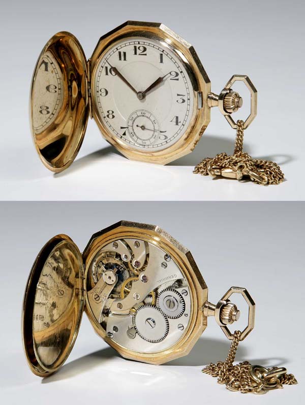 Goldene Herren-Savonette mit Uhrkette.