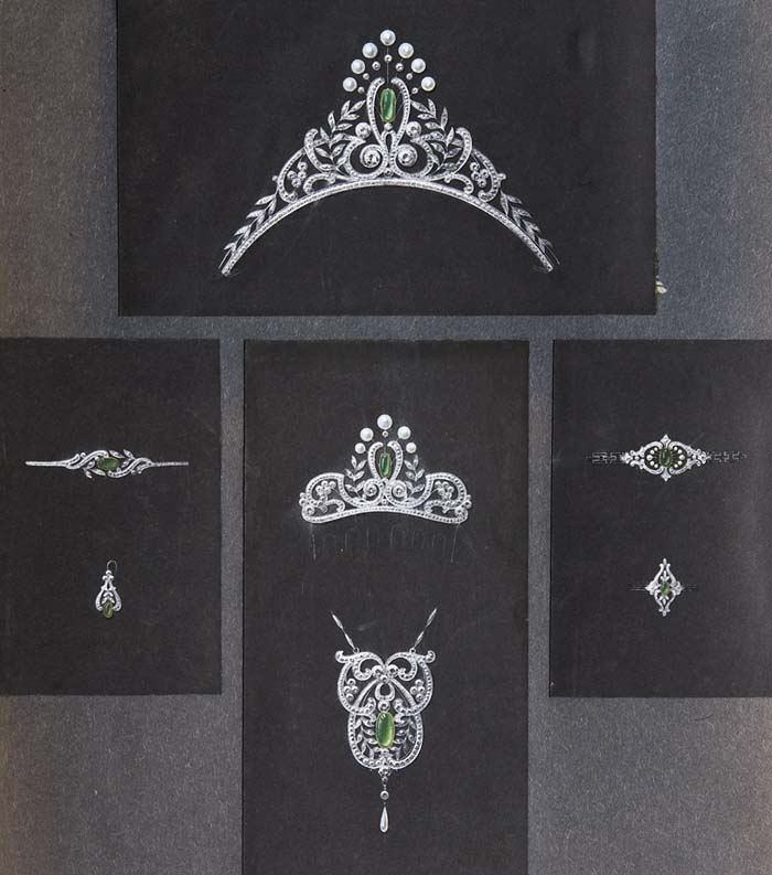 4er Satz Juwelen-Zeichnungen um 1880.