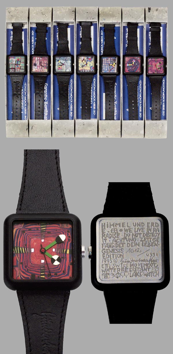 7er Satz Hundertwasser-Armbanduhren.