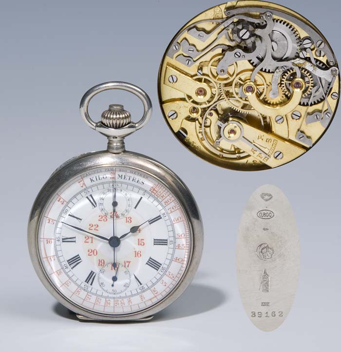 Silber-Taschenuhr mit Chronograph.